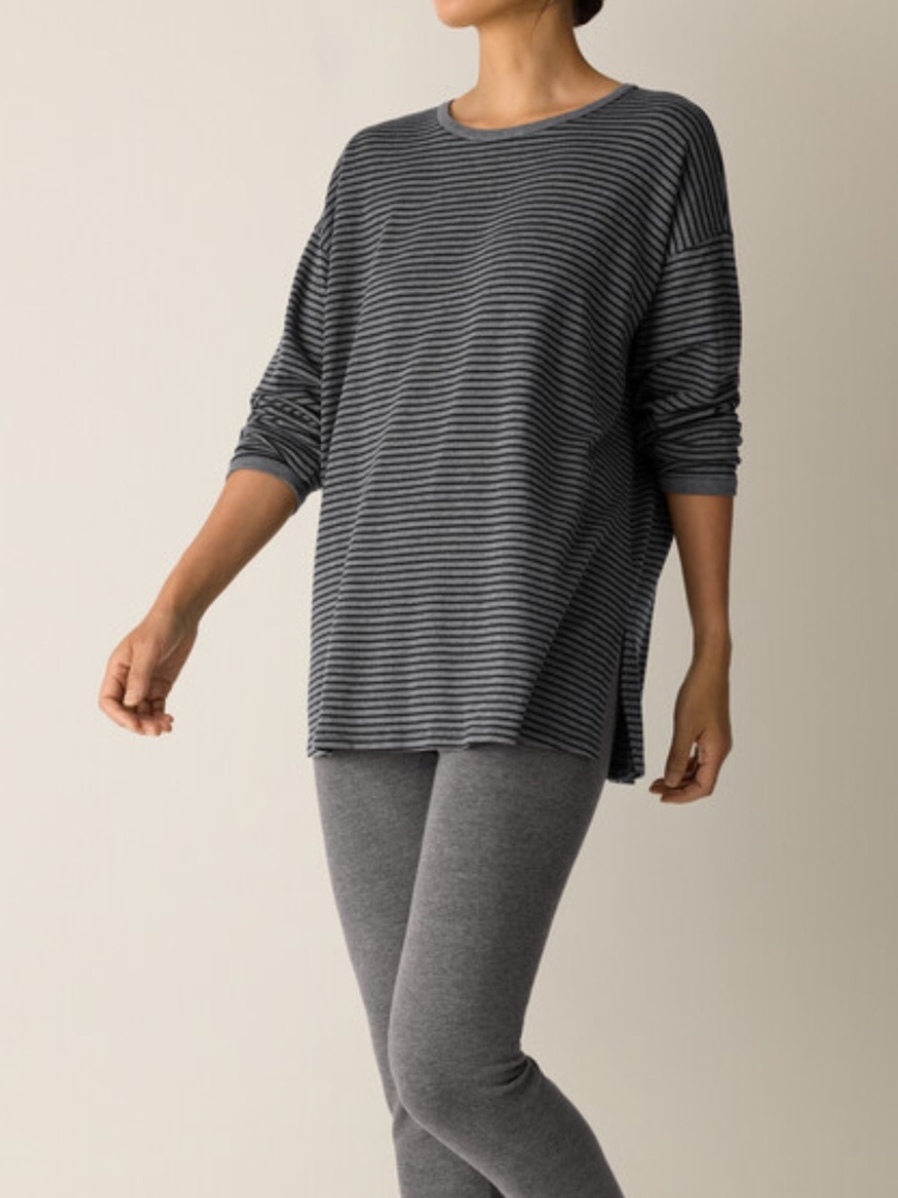 Eileen Fisher Striped Cozy Brushed Terry Long Box-Top Black / Ash Medium